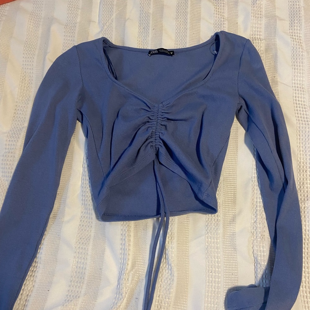 Purple Zara Drawstring Crop Top Long Sleeve